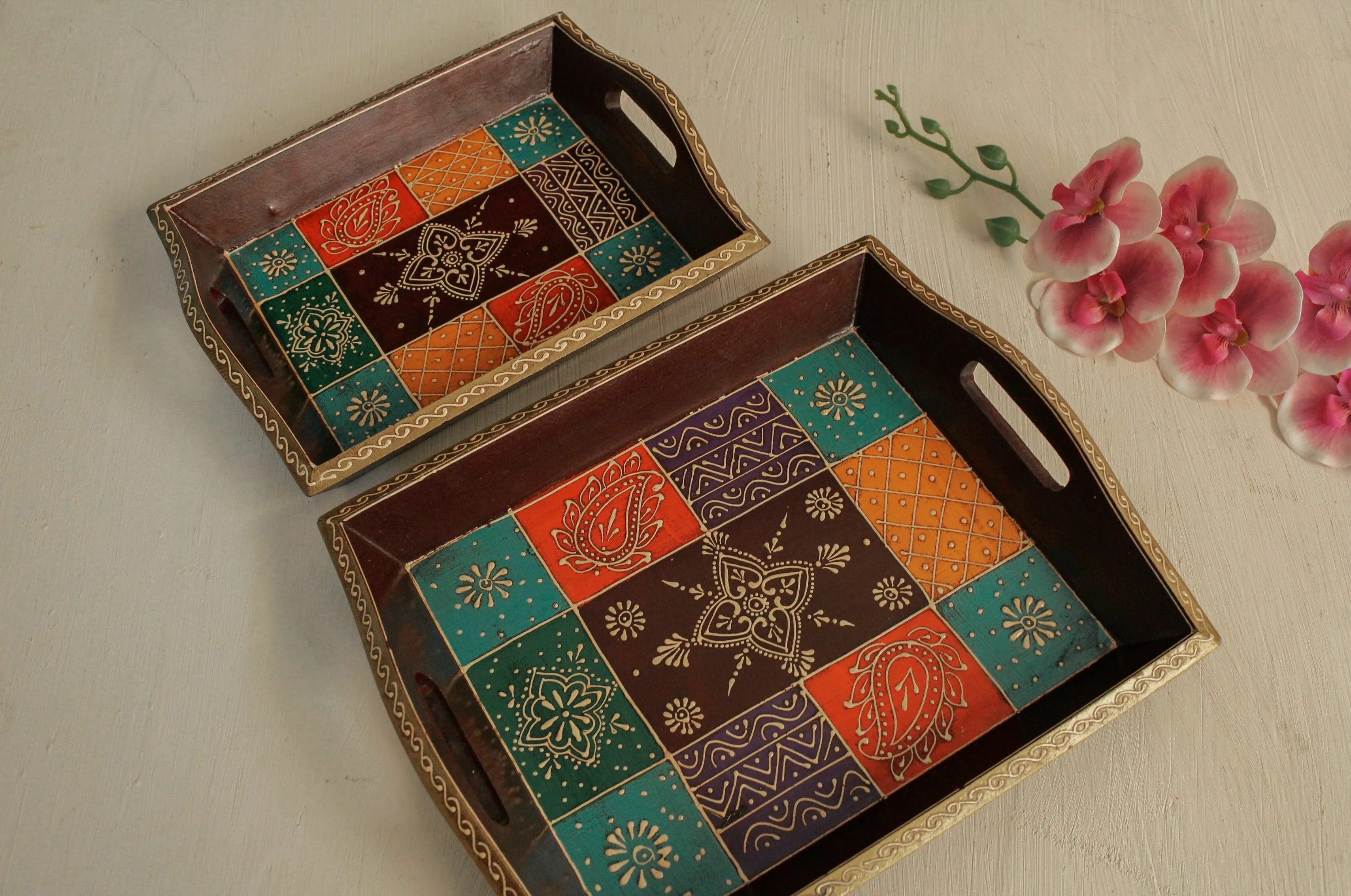 Wooden Painted Tray Set of 2